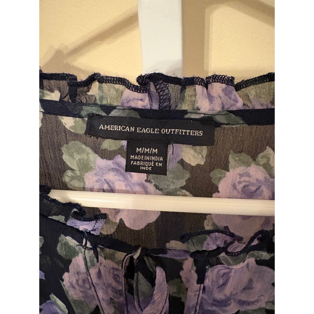 American Eagle Floral Sheer Ruffle Blouse Purple Navy Tie Front Top Medium - Picture 2 of 6